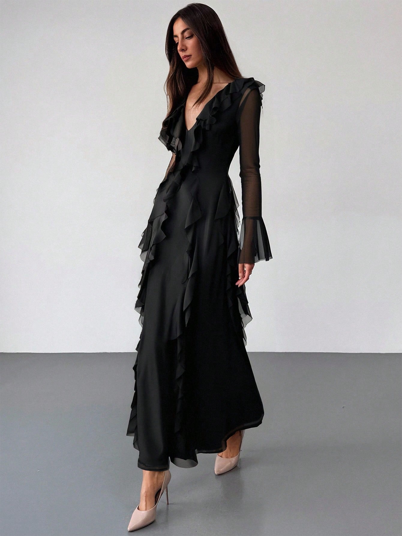 Aloruh Black Knit Mesh Deep V-Neck Long Sleeve Ruffle Hem Dress,Wedding Guest Dress Women