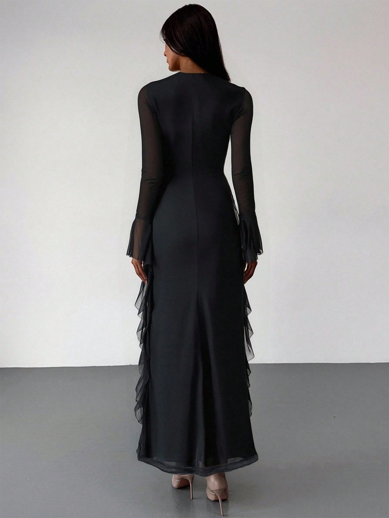 Aloruh Black Knit Mesh Deep V-Neck Long Sleeve Ruffle Hem Dress,Wedding Guest Dress Women