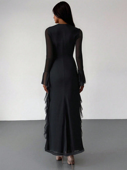 Aloruh Black Knit Mesh Deep V-Neck Long Sleeve Ruffle Hem Dress,Wedding Guest Dress Women