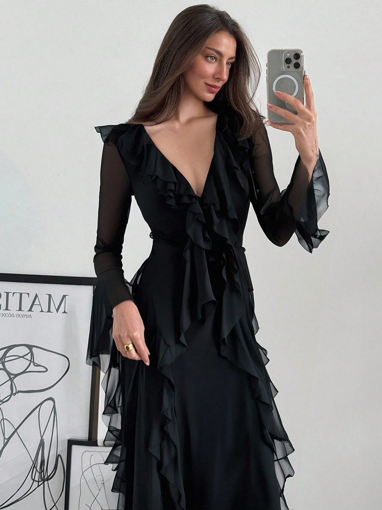 Aloruh Black Knit Mesh Deep V-Neck Long Sleeve Ruffle Hem Dress,Wedding Guest Dress Women