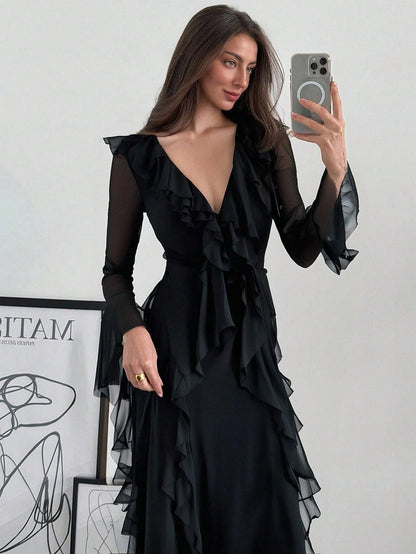 Aloruh Black Knit Mesh Deep V-Neck Long Sleeve Ruffle Hem Dress,Wedding Guest Dress Women