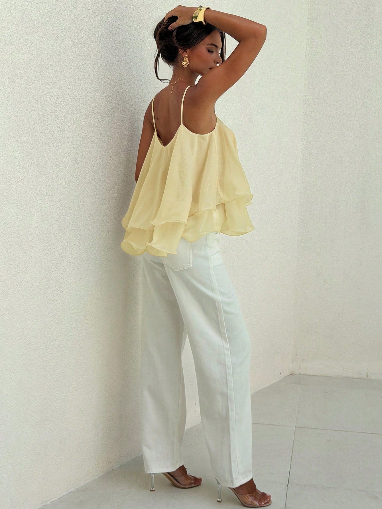 Aloruh Romantic Date New Arrival Spring/Summer Spaghetti Strap Ruffled Textured Chiffon Apricot Color Camisole For Women,Summer Top