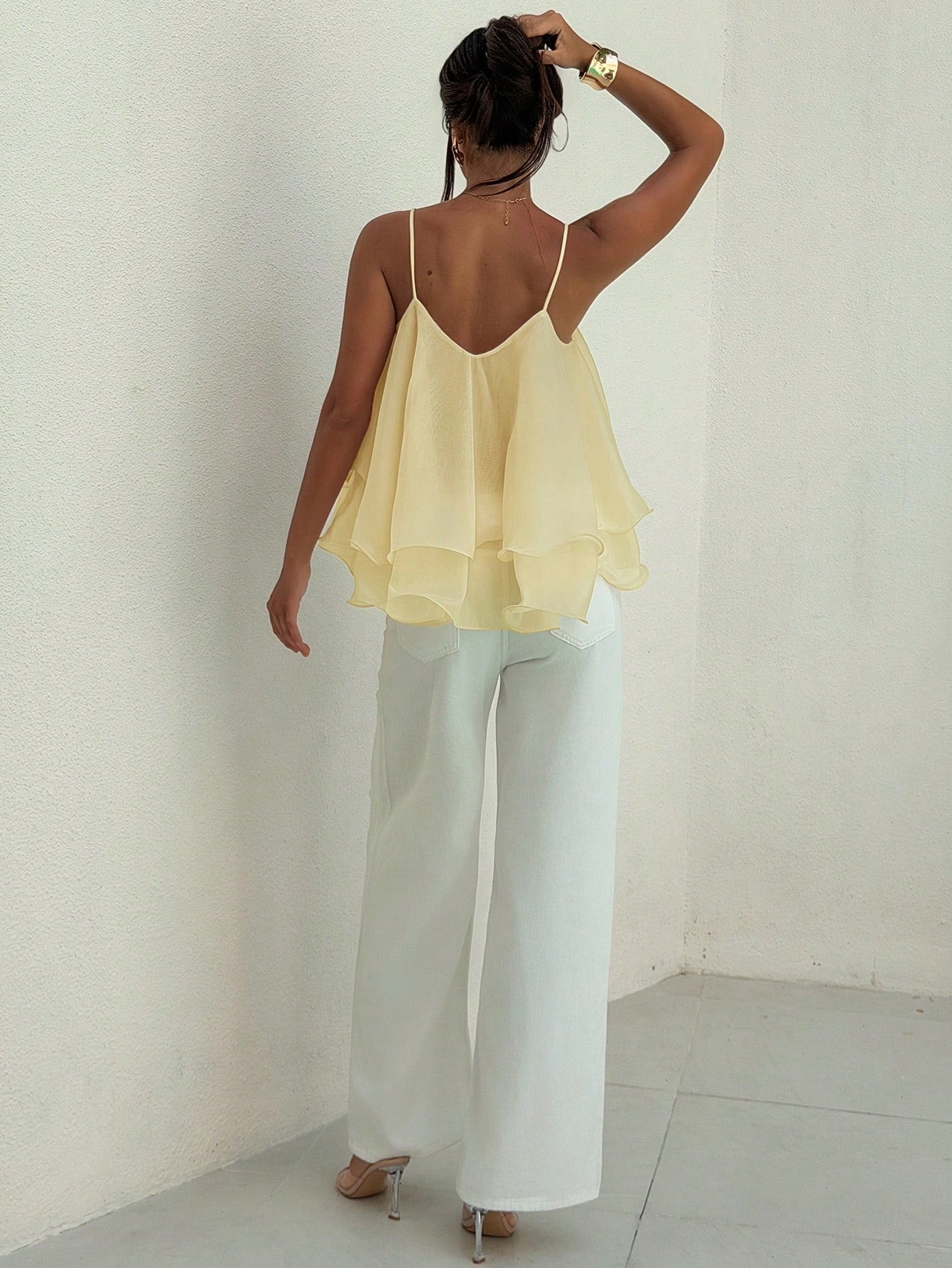 Aloruh Romantic Date New Arrival Spring/Summer Spaghetti Strap Ruffled Textured Chiffon Apricot Color Camisole For Women,Summer Top