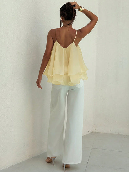 Aloruh Romantic Date New Arrival Spring/Summer Spaghetti Strap Ruffled Textured Chiffon Apricot Color Camisole For Women,Summer Top