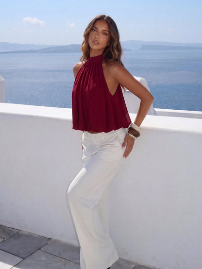 Aloruh Women's Burgundy Red Elegant Summer Holiday Vacation Blouse,Solid Color Off-Shoulder Top With Defined Hemline,Cute Boho Tropical Beach Dinner Y2K