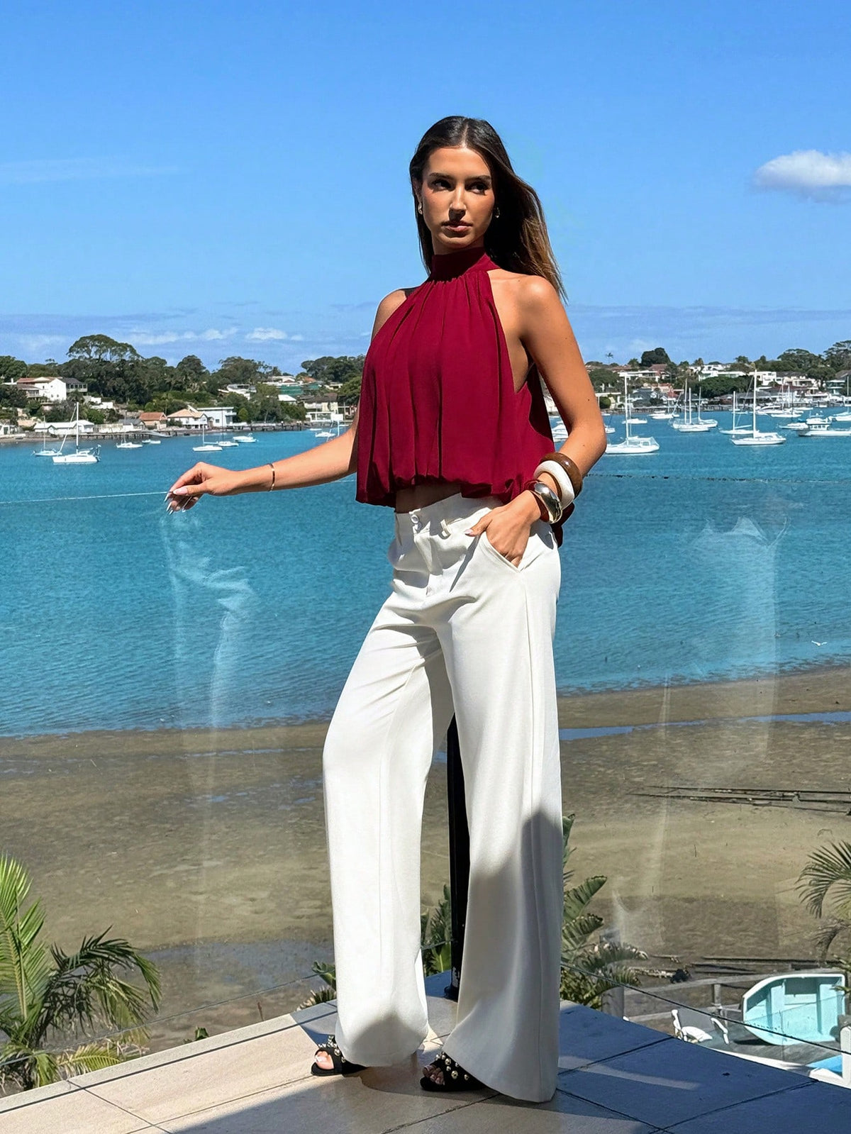Aloruh Women's Burgundy Red Elegant Summer Holiday Vacation Blouse,Solid Color Off-Shoulder Top With Defined Hemline,Cute Boho Tropical Beach Dinner Y2K