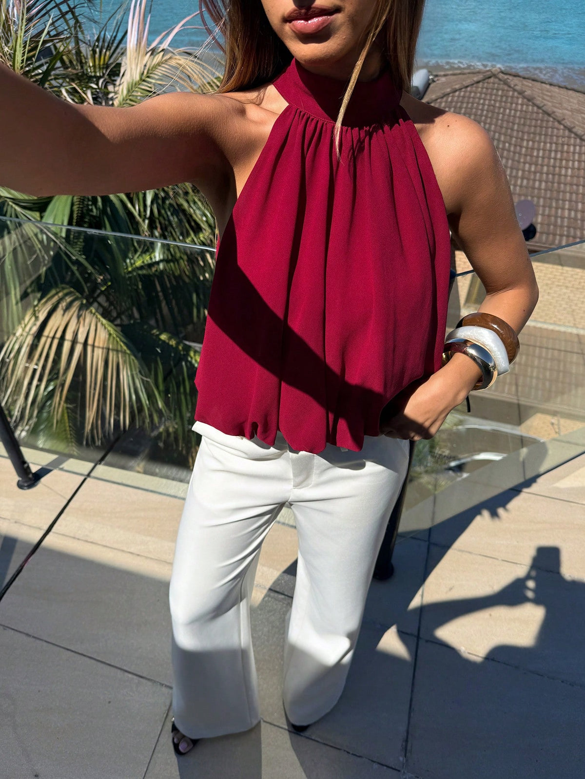Aloruh Women's Burgundy Red Elegant Summer Holiday Vacation Blouse,Solid Color Off-Shoulder Top With Defined Hemline,Cute Boho Tropical Beach Dinner Y2K