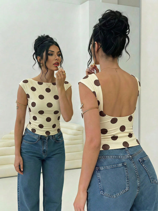 Aloruh Women's Casual Retro Brown Polka Dot Print Short Sleeve T-Shirt, Sexy Backless Top, Summer T-Shirt, Y2K Top Going Out