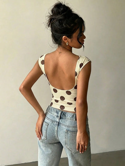 Aloruh Women's Casual Retro Brown Polka Dot Print Short Sleeve T-Shirt, Sexy Backless Top, Summer T-Shirt, Y2K Top Going Out