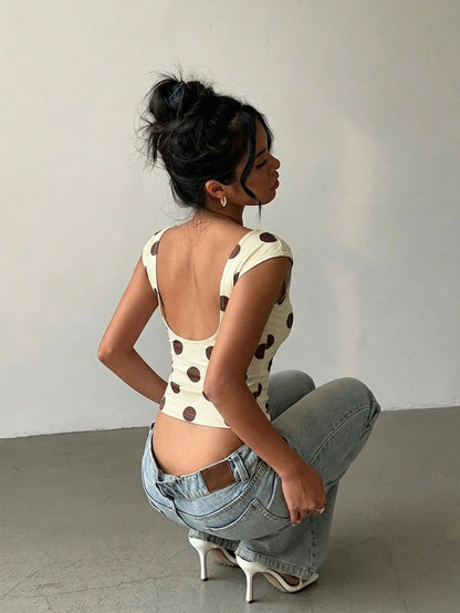Aloruh Women's Casual Retro Brown Polka Dot Print Short Sleeve T-Shirt, Sexy Backless Top, Summer T-Shirt, Y2K Top Going Out