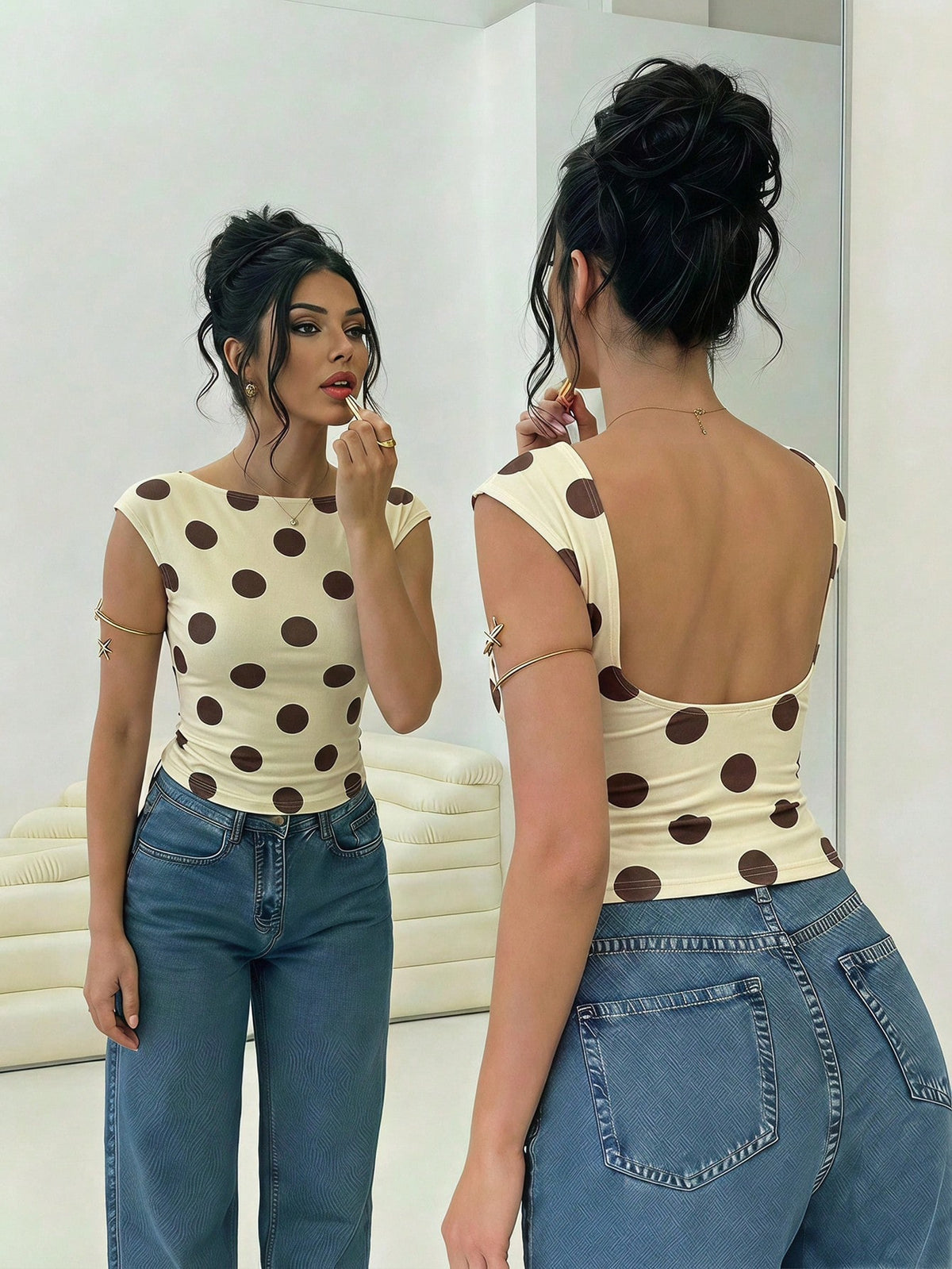 Aloruh Women's Casual Retro Brown Polka Dot Print Short Sleeve T-Shirt, Sexy Backless Top, Summer T-Shirt, Y2K Top Going Out