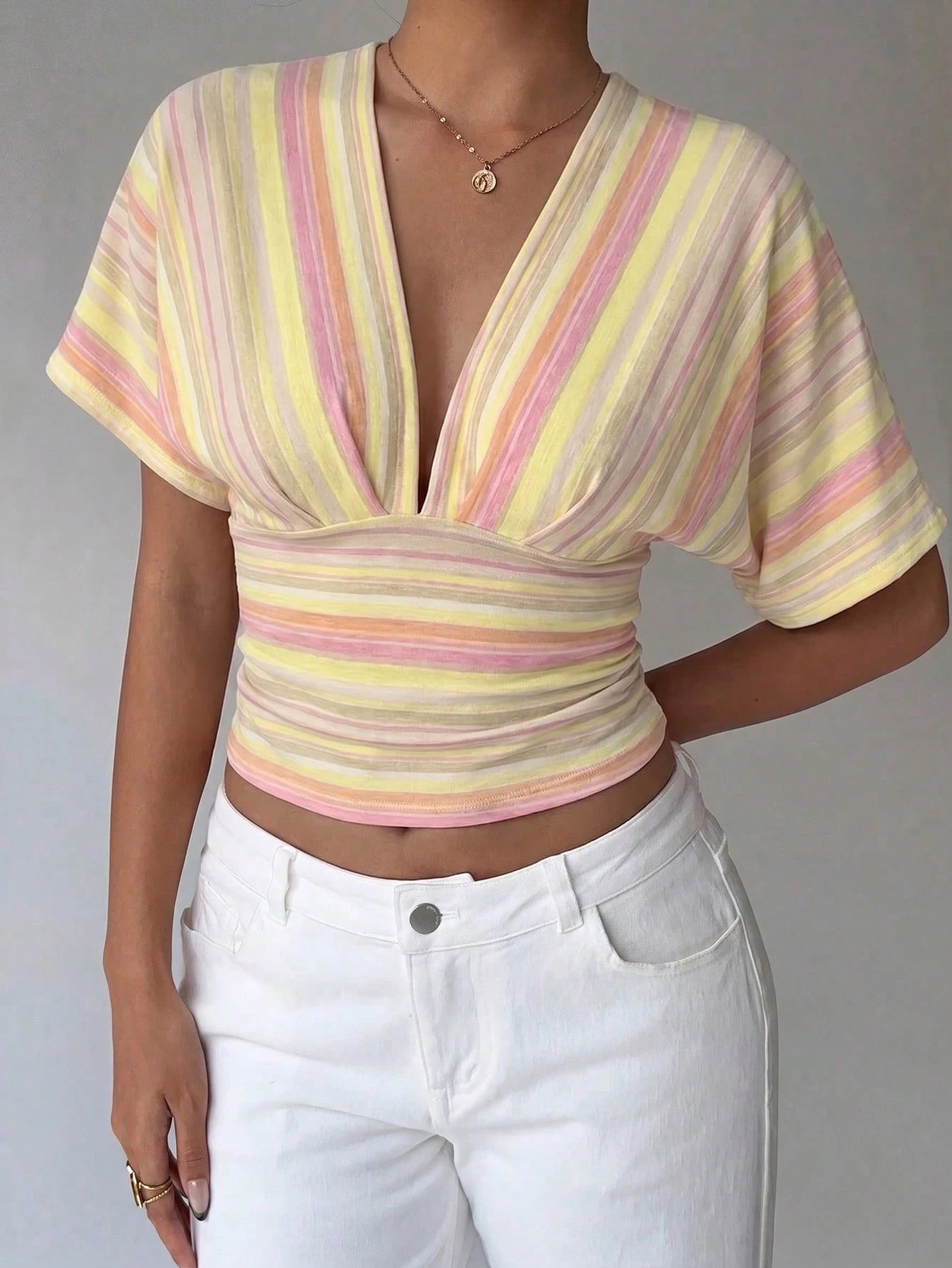 Aloruh Women's Deep V-Neck Striped Colorblock Casual Versatile Daily Wear T-Shirt