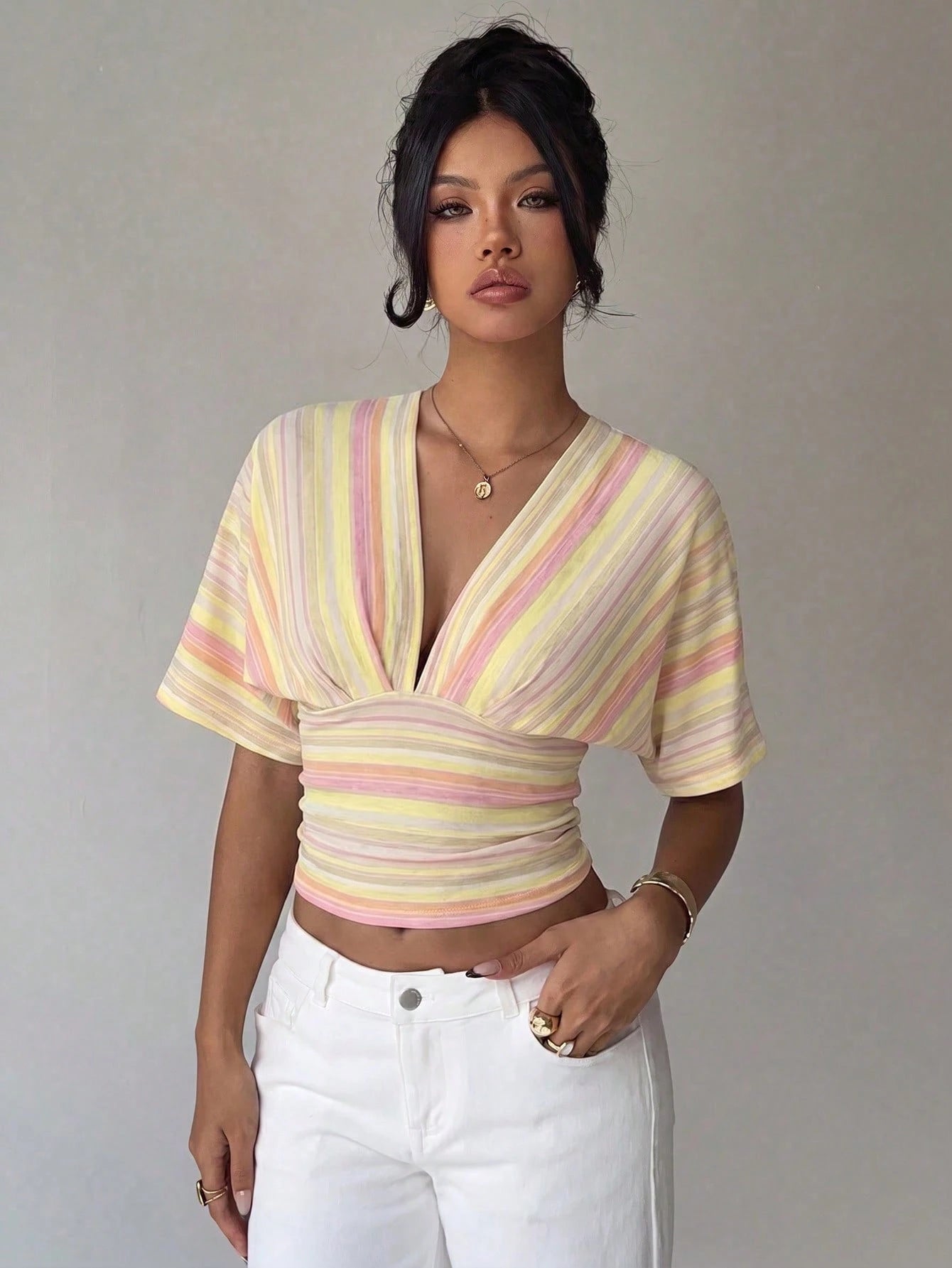 Aloruh Women's Deep V-Neck Striped Colorblock Casual Versatile Daily Wear T-Shirt