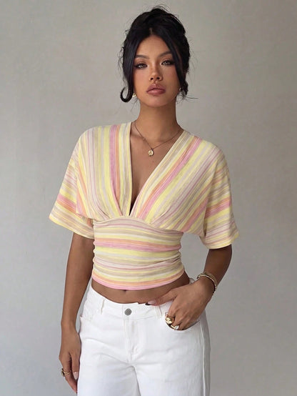 Aloruh Women's Deep V-Neck Striped Colorblock Casual Versatile Daily Wear T-Shirt