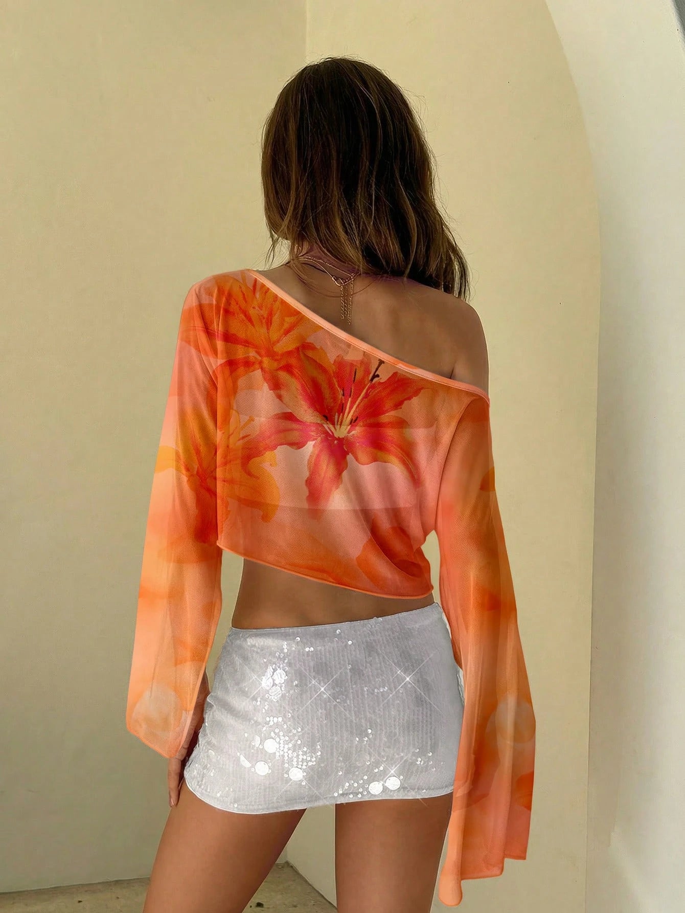 Aloruh Women's Elegant Asymmetrical Shoulder Single Oblique Shoulder Lily Floral Print Sheer Flare Sleeve Beach Vacation T-Shirt, Summer Holiday, Beach Resort Wear, Summer Top