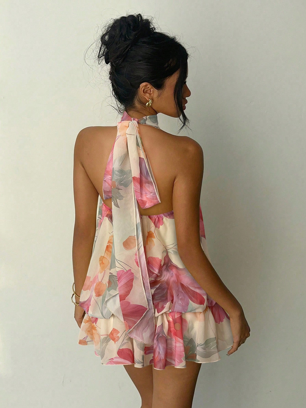 Aloruh Women's Elegant Beige Halter Tie Mini Dress Summer Dress Wedding Dresses Floral Dress Vacation