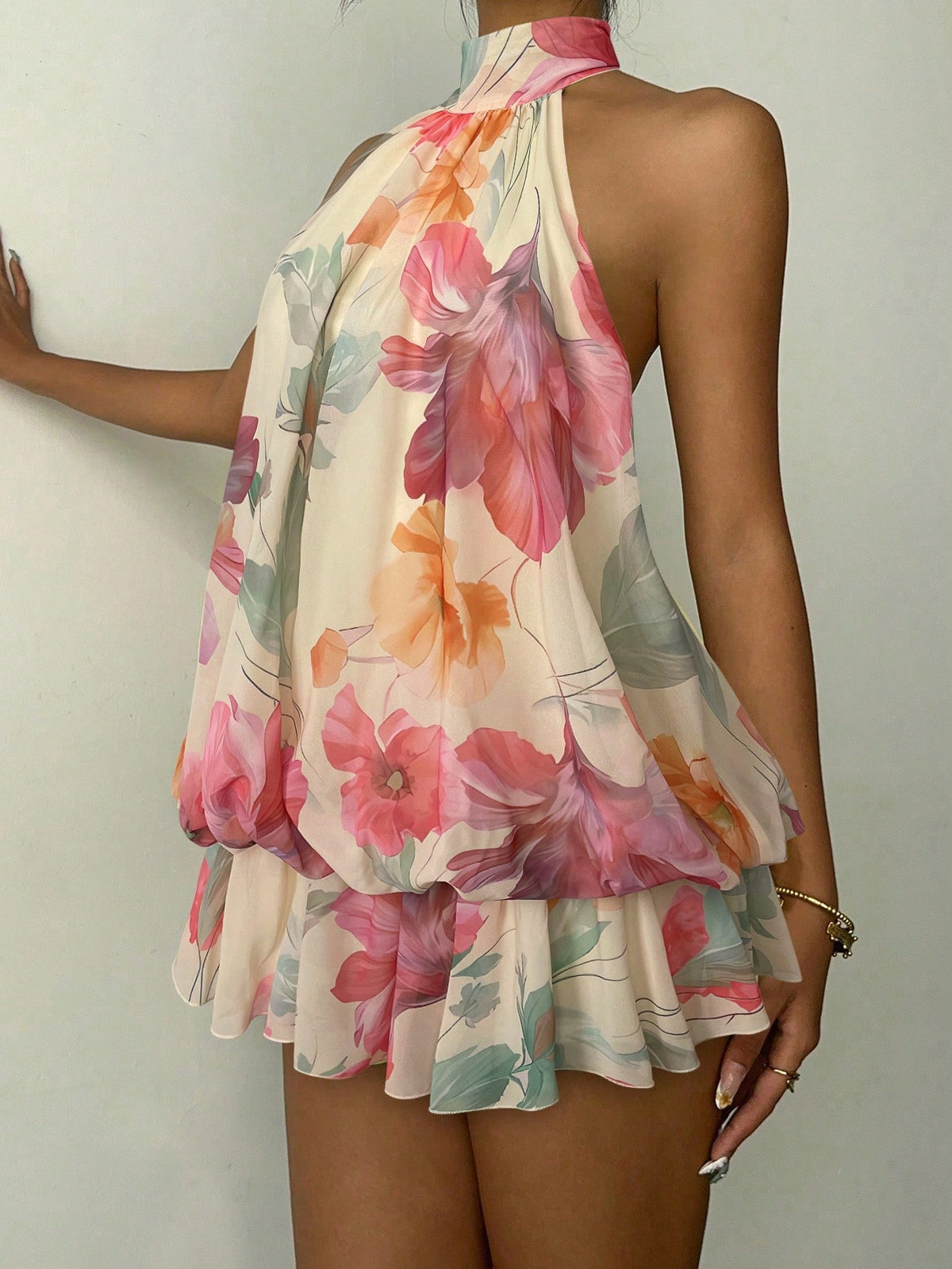 Aloruh Women's Elegant Beige Halter Tie Mini Dress Summer Dress Wedding Dresses Floral Dress Vacation