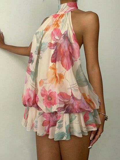 Aloruh Women's Elegant Beige Halter Tie Mini Dress Summer Dress Wedding Dresses Floral Dress Vacation