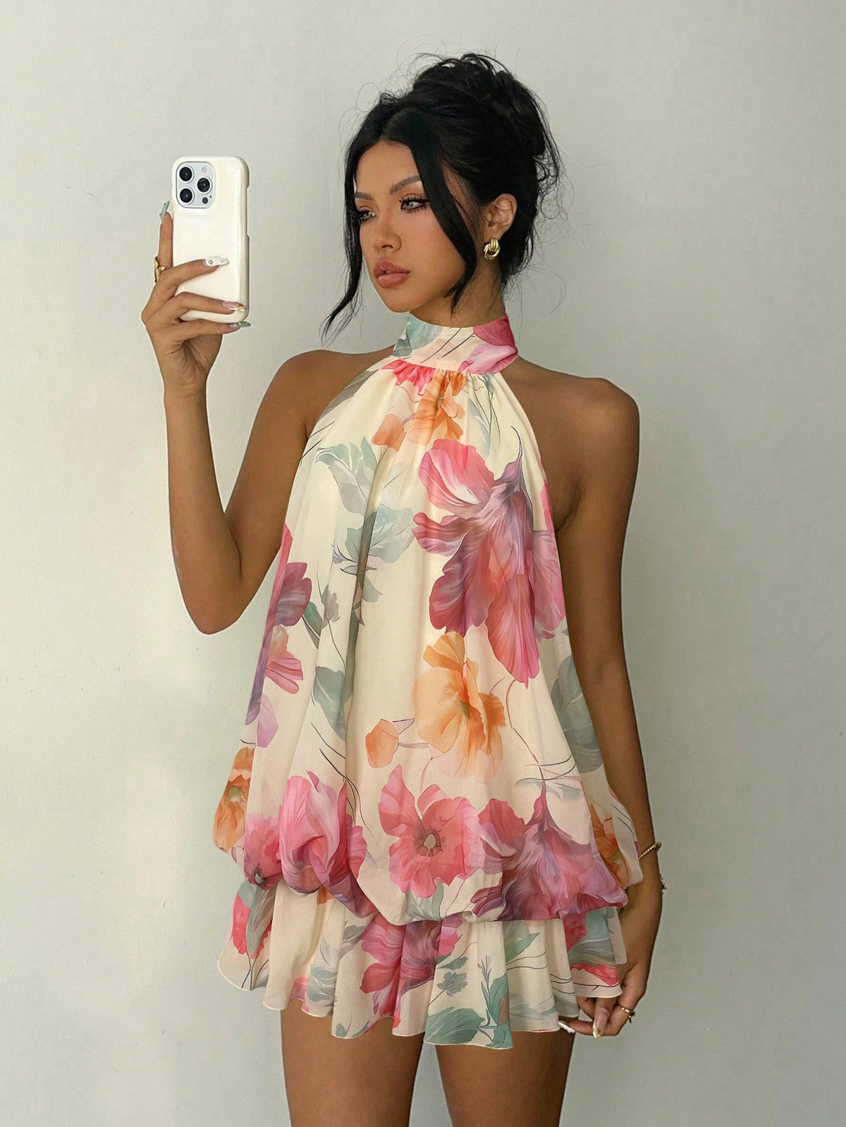 Aloruh Women's Elegant Beige Halter Tie Mini Dress Summer Dress Wedding Dresses Floral Dress Vacation