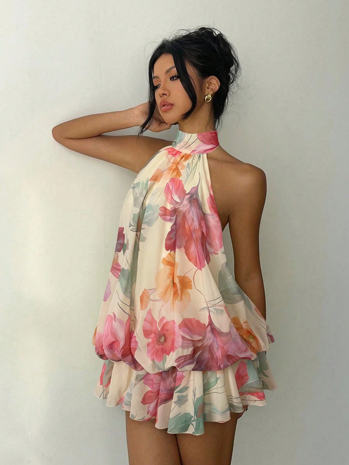 Aloruh Women's Elegant Beige Halter Tie Mini Dress Summer Dress Wedding Dresses Floral Dress Vacation