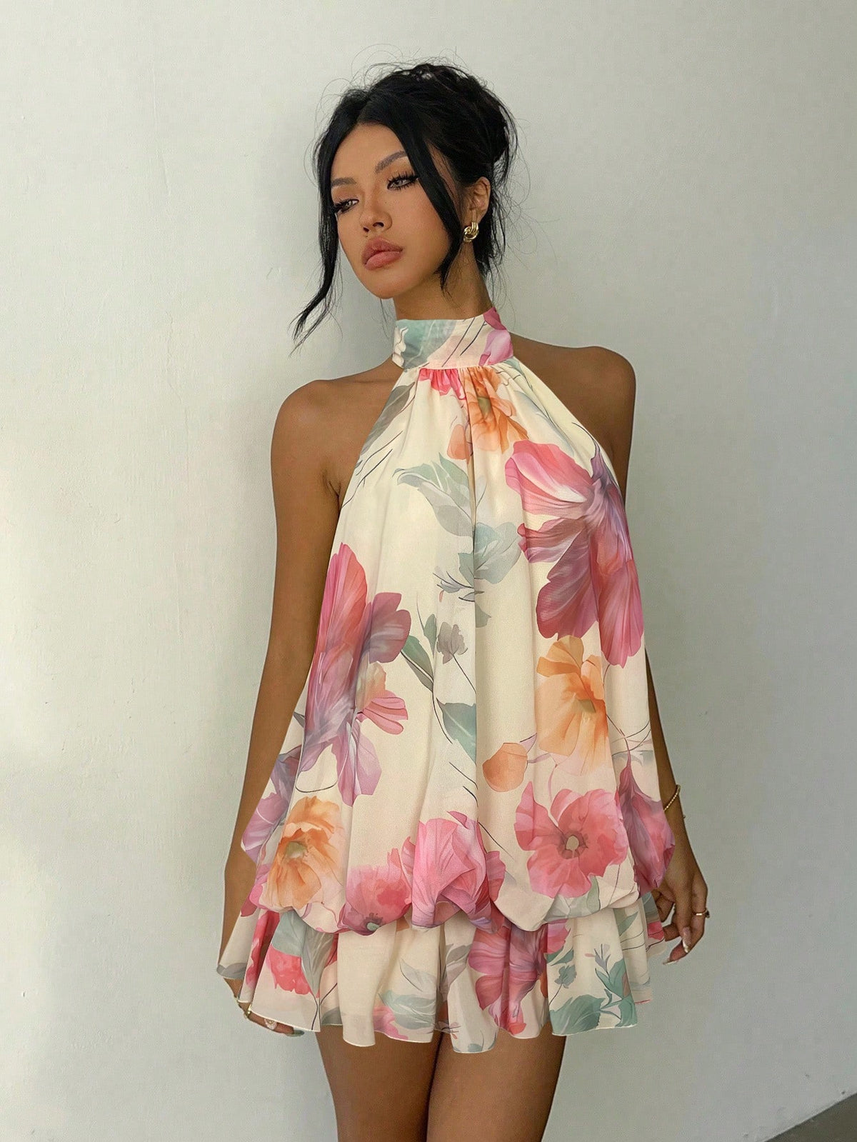 Aloruh Women's Elegant Beige Halter Tie Mini Dress Summer Dress Wedding Dresses Floral Dress Vacation