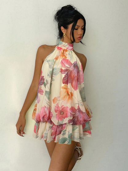 Aloruh Women's Elegant Beige Halter Tie Mini Dress Summer Dress Wedding Dresses Floral Dress Vacation