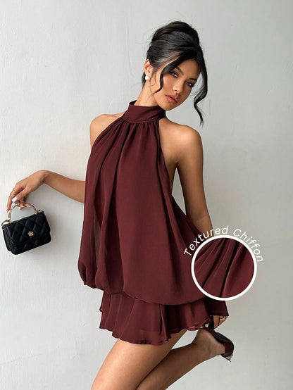 Aloruh Women's Elegant Beige Halter Tie Mini Dress Summer Dress Wedding Dresses Floral Dress Vacation