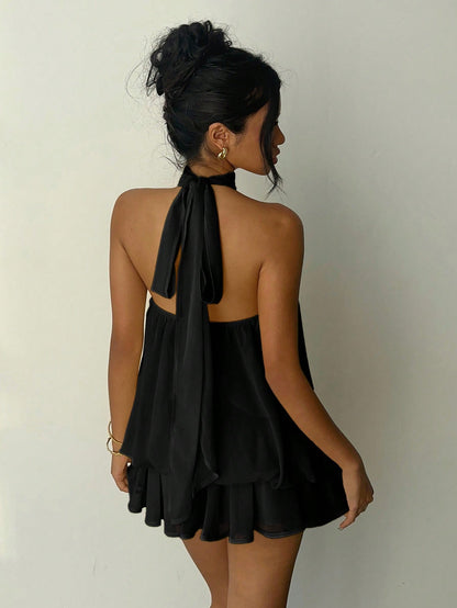 Aloruh Women's Elegant Black Summer Halter Tie Mini Dress,Party Wedding Guest Night Out Birthday Summer Dresses,Honeymoon Island Vacation Outfits