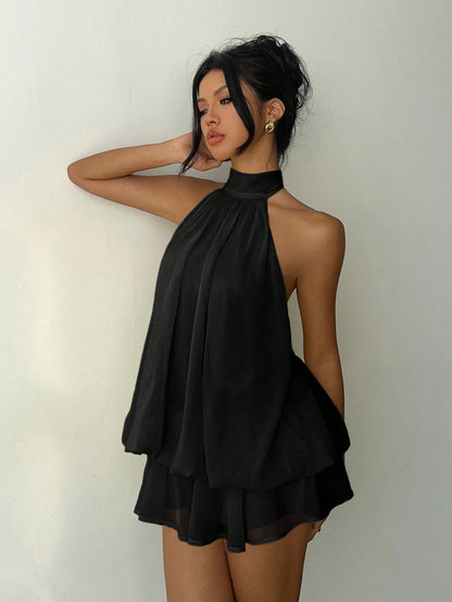 Aloruh Women's Elegant Black Summer Halter Tie Mini Dress,Party Wedding Guest Night Out Birthday Summer Dresses,Honeymoon Island Vacation Outfits