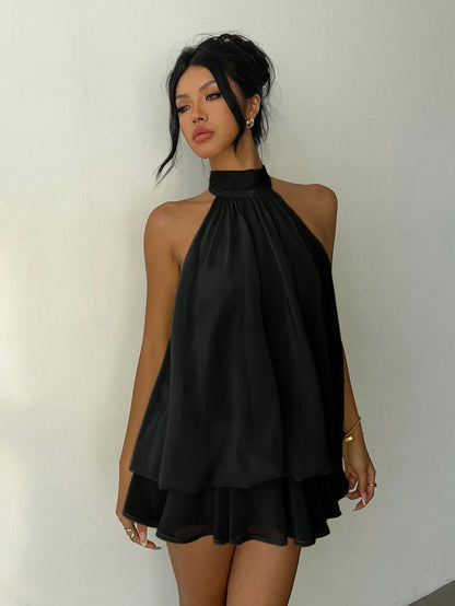 Aloruh Women's Elegant Black Summer Halter Tie Mini Dress,Party Wedding Guest Night Out Birthday Summer Dresses,Honeymoon Island Vacation Outfits
