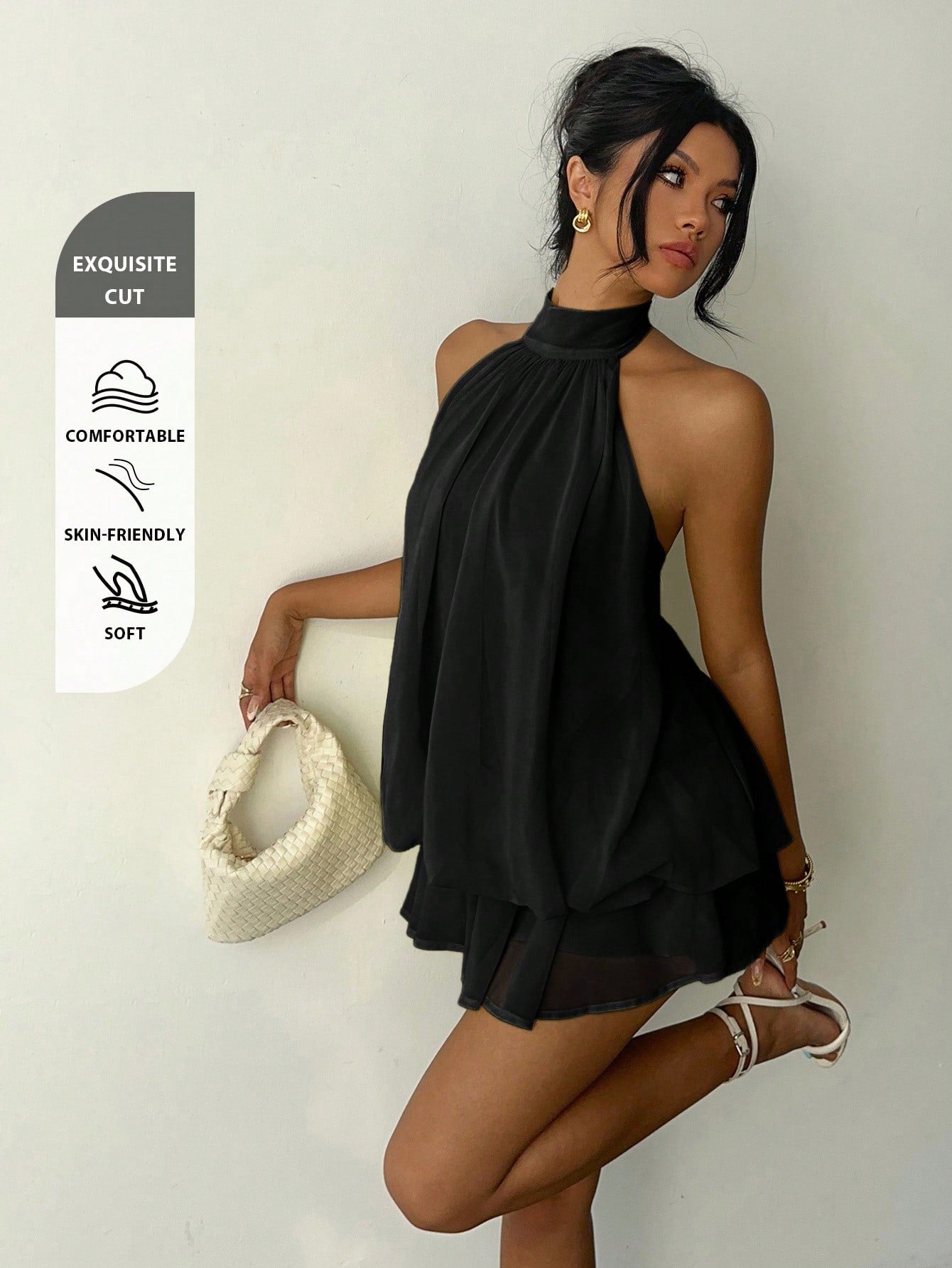 Aloruh Women's Elegant Black Summer Halter Tie Mini Dress,Party Wedding Guest Night Out Birthday Summer Dresses,Honeymoon Island Vacation Outfits