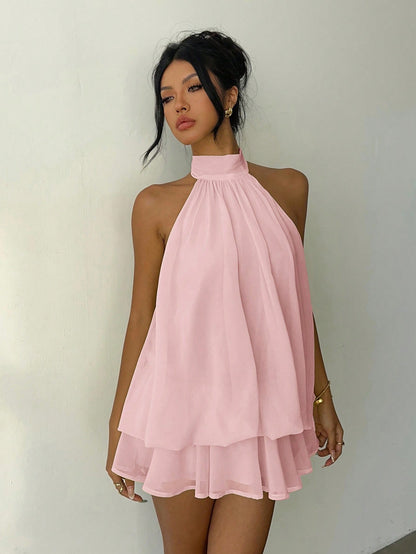 Aloruh Women's Elegant Light Yellow Halter Tie Mini Dress