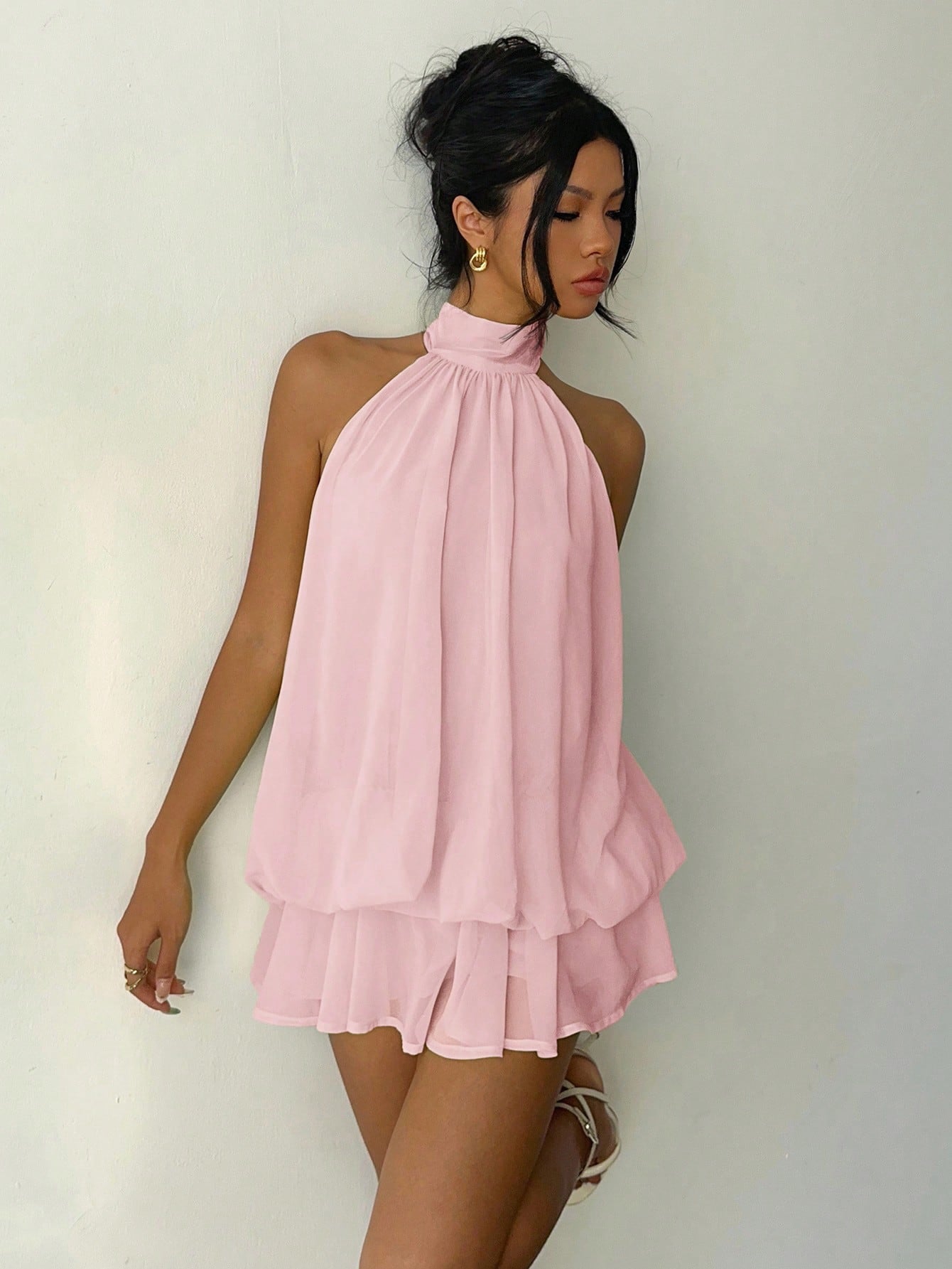 Aloruh Women's Elegant Light Yellow Halter Tie Mini Dress