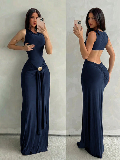 Aloruh Women's Navy Blue Sleeveless Bodycon Dress With Fish Tail Hem, Suitable For Vacation, Spring/Summer Party Night Elegant,Wedding Guest,Graduation Dress