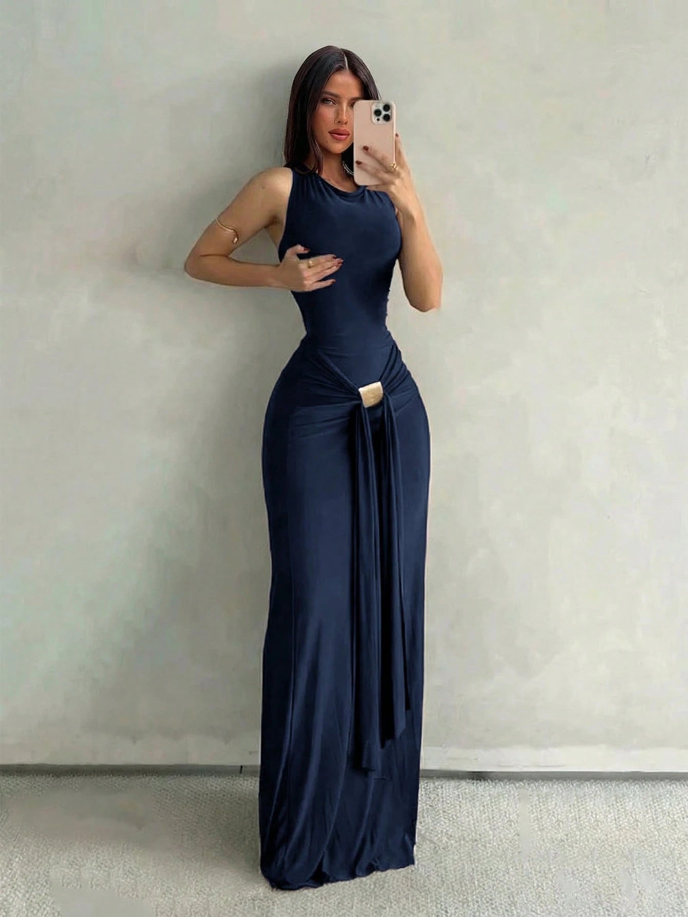 Aloruh Women's Navy Blue Sleeveless Bodycon Dress With Fish Tail Hem, Suitable For Vacation, Spring/Summer Party Night Elegant,Wedding Guest,Graduation Dress