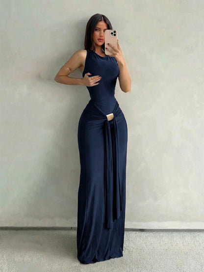 Aloruh Women's Navy Blue Sleeveless Bodycon Dress With Fish Tail Hem, Suitable For Vacation, Spring/Summer Party Night Elegant,Wedding Guest,Graduation Dress