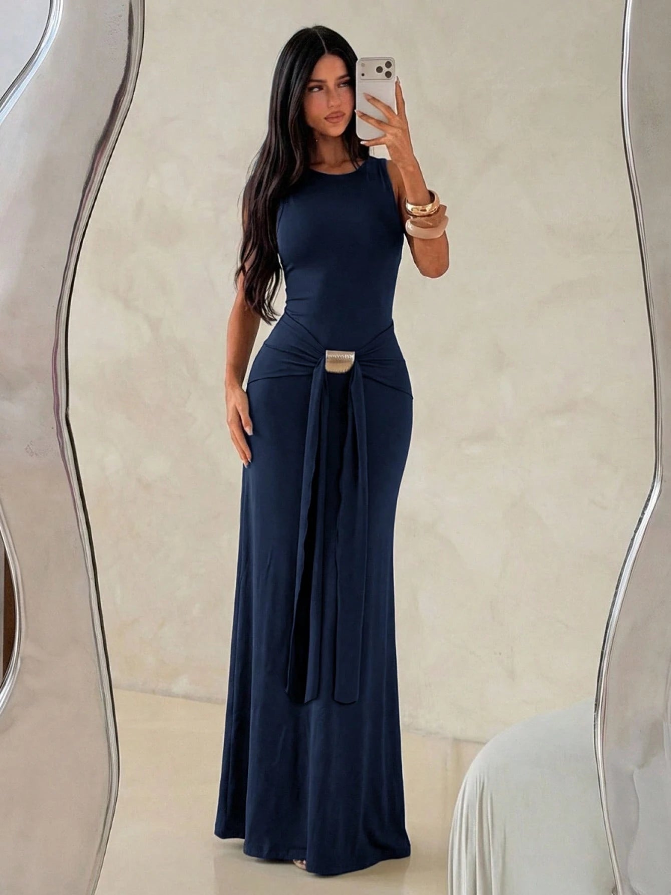 Aloruh Women's Navy Blue Sleeveless Bodycon Dress With Fish Tail Hem, Suitable For Vacation, Spring/Summer Party Night Elegant,Wedding Guest,Graduation Dress