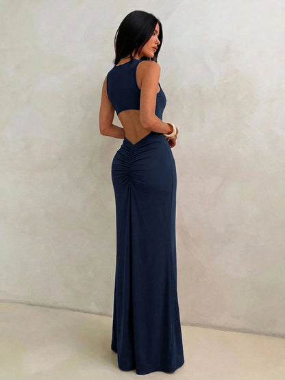 Aloruh Women's Navy Blue Sleeveless Bodycon Dress With Fish Tail Hem, Suitable For Vacation, Spring/Summer Party Night Elegant,Wedding Guest,Graduation Dress