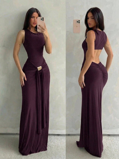 Aloruh Women's Navy Blue Sleeveless Bodycon Dress With Fish Tail Hem, Suitable For Vacation, Spring/Summer Party Night Elegant,Wedding Guest,Graduation Dress