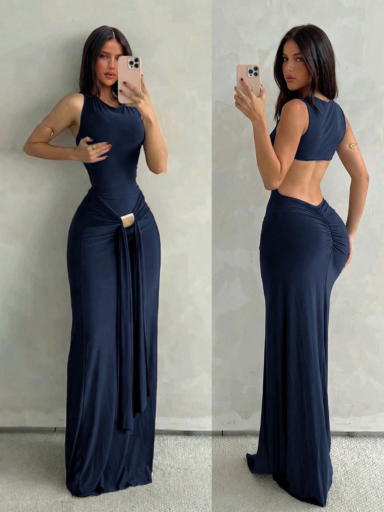 Aloruh Women's Navy Blue Sleeveless Bodycon Dress With Fish Tail Hem, Suitable For Vacation, Spring/Summer Party Night Elegant,Wedding Guest,Graduation Dress