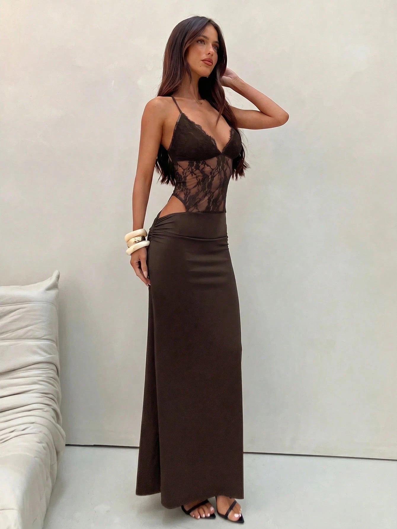 Aloruh Women's New Solid Dark Brown Backless Lace Patchwork Elegant Dress, Suitable For Spring/Summer, Tea Party Party Night, Date, Graduation Clothing