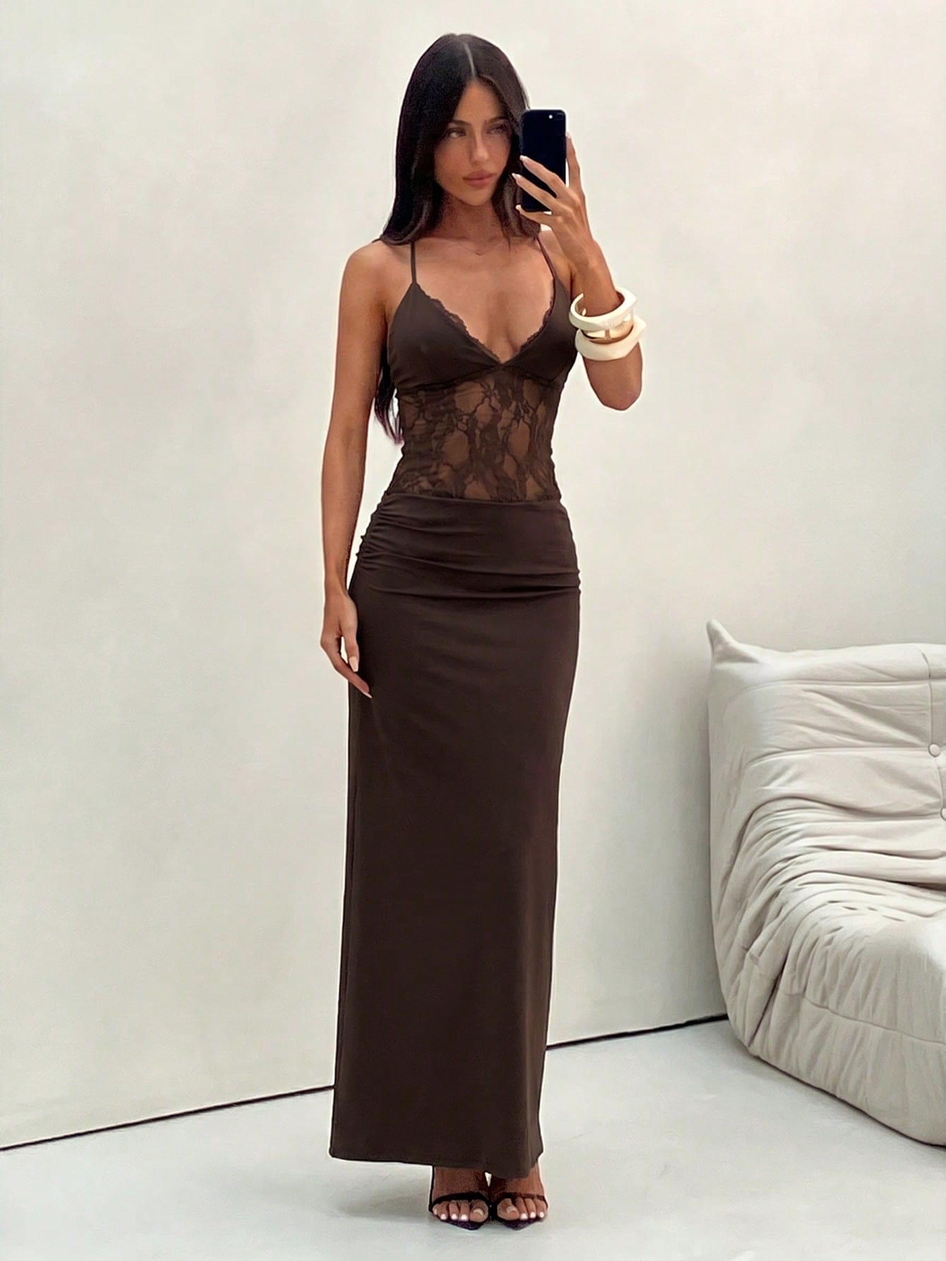 Aloruh Women's New Solid Dark Brown Backless Lace Patchwork Elegant Dress, Suitable For Spring/Summer, Tea Party Party Night, Date, Graduation Clothing