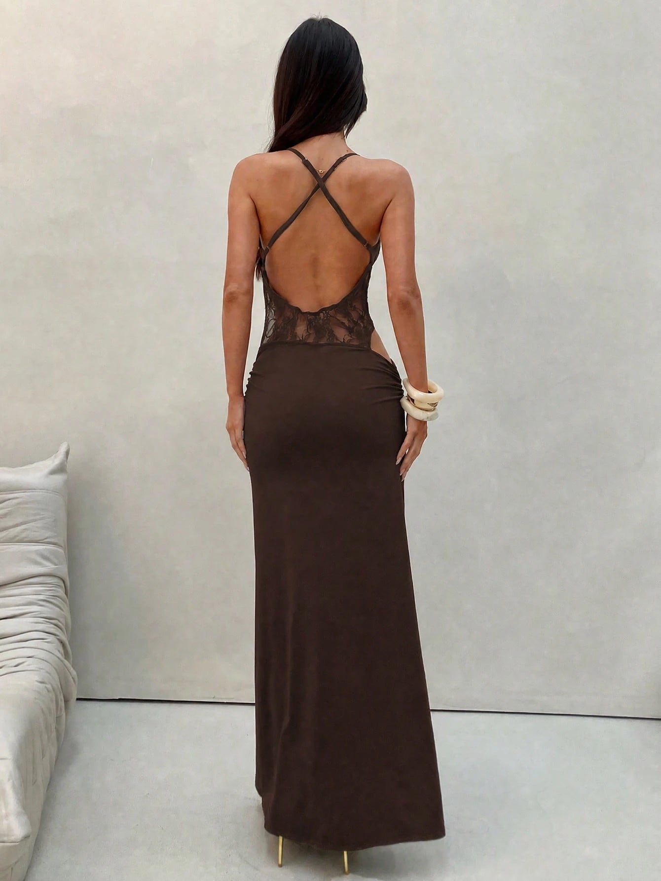 Aloruh Women's New Solid Dark Brown Backless Lace Patchwork Elegant Dress, Suitable For Spring/Summer, Tea Party Party Night, Date, Graduation Clothing