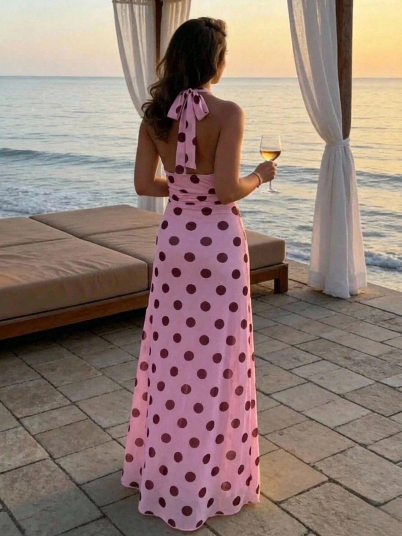 Aloruh Women's Pink And Brown Polka Dot Deep V-Neck Ruched Waist Elegant Tropical Long Dress Summer Casual Holiday Vacation Boho Beach Outfits