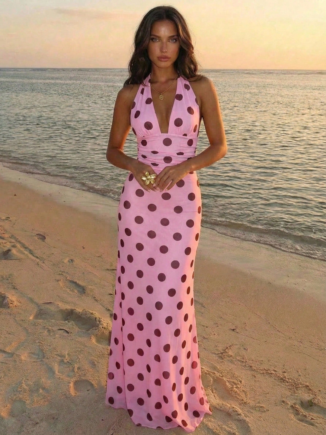 Aloruh Women's Pink And Brown Polka Dot Deep V-Neck Ruched Waist Elegant Tropical Long Dress Summer Casual Holiday Vacation Boho Beach Outfits