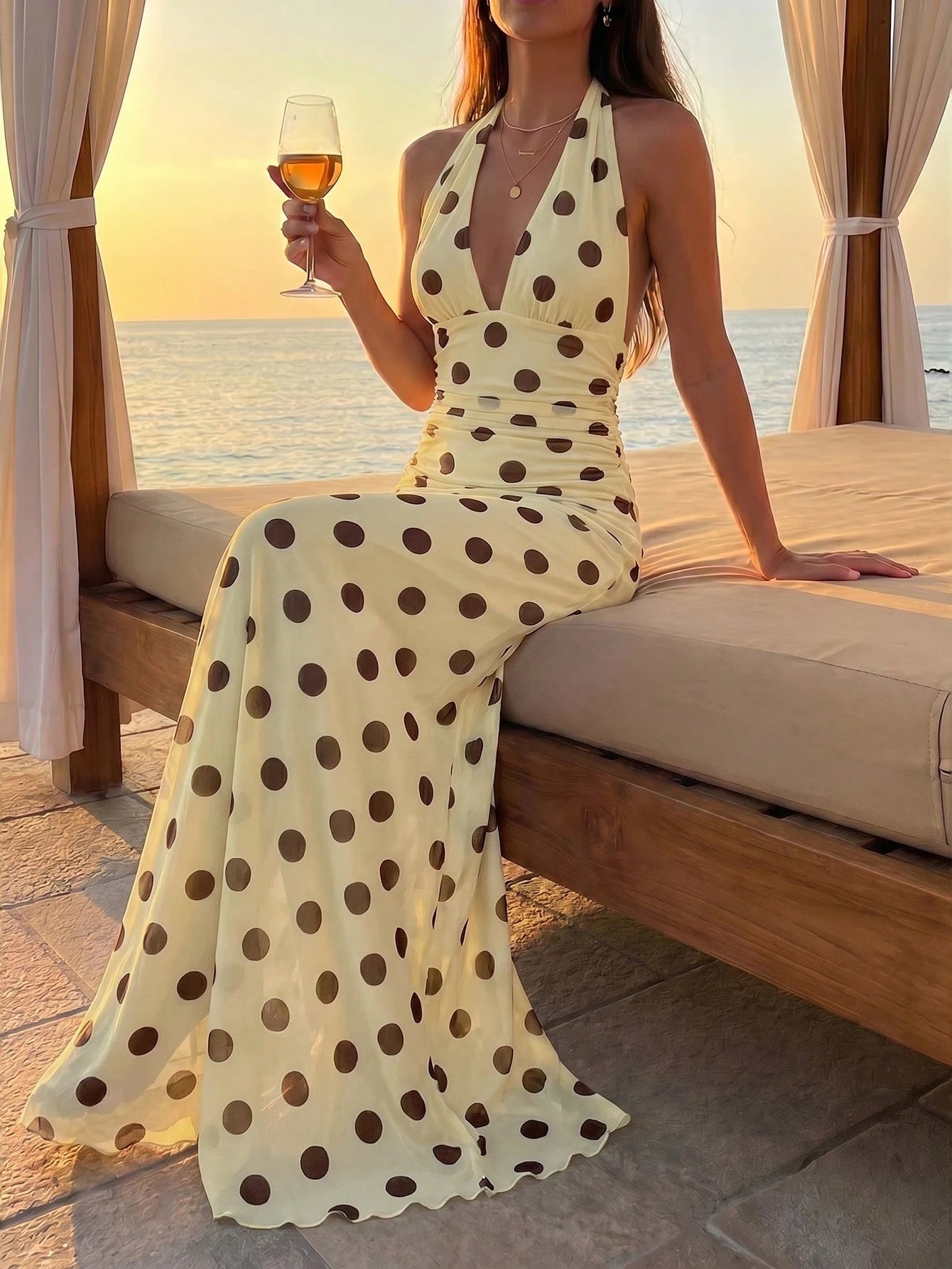 Aloruh Women's Pink And Brown Polka Dot Deep V-Neck Ruched Waist Elegant Tropical Long Dress Summer Casual Holiday Vacation Boho Beach Outfits
