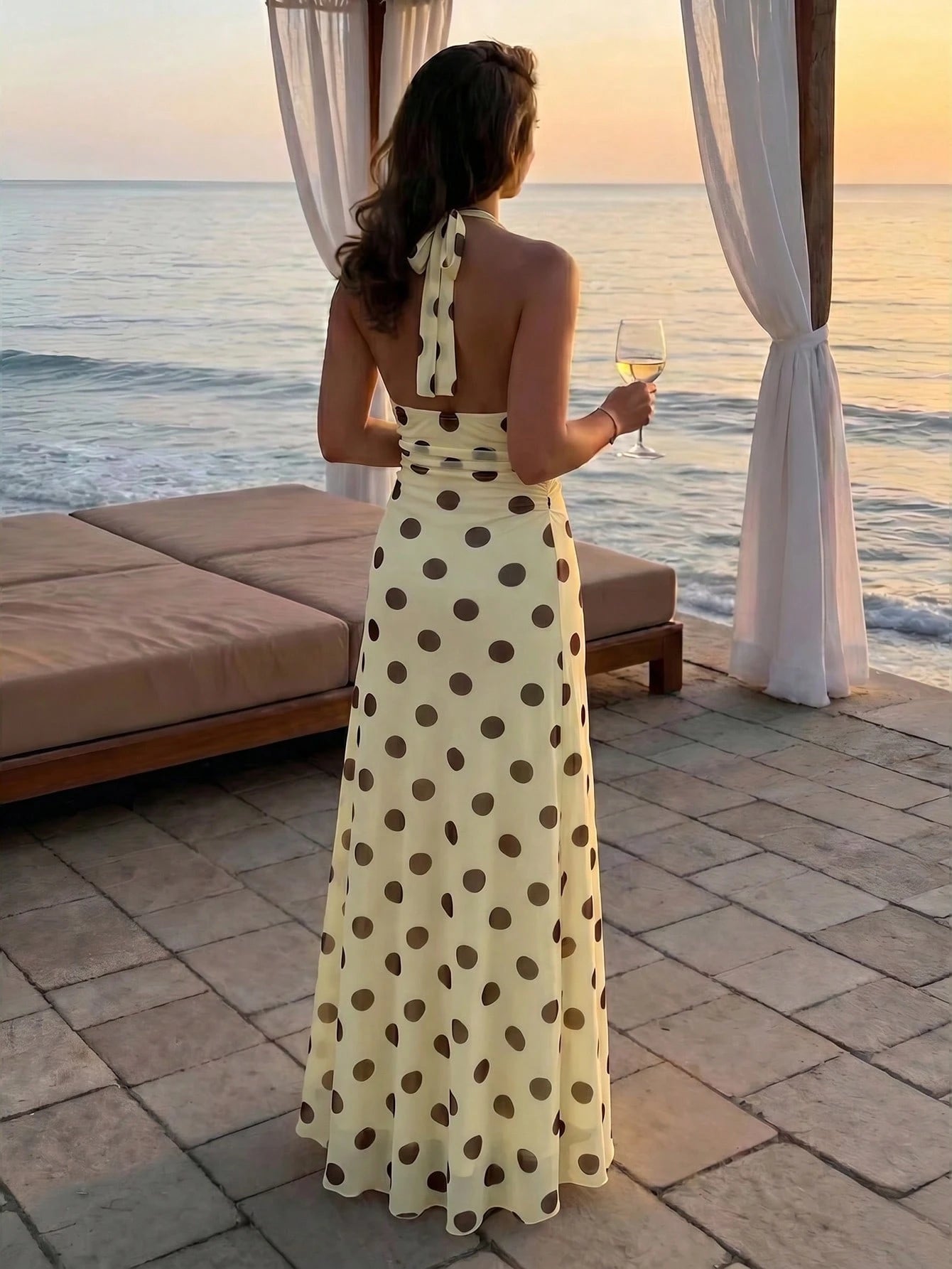 Aloruh Women's Pink And Brown Polka Dot Deep V-Neck Ruched Waist Elegant Tropical Long Dress Summer Casual Holiday Vacation Boho Beach Outfits