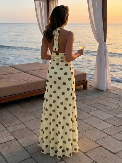 Aloruh Women's Pink And Brown Polka Dot Deep V-Neck Ruched Waist Elegant Tropical Long Dress Summer Casual Holiday Vacation Boho Beach Outfits