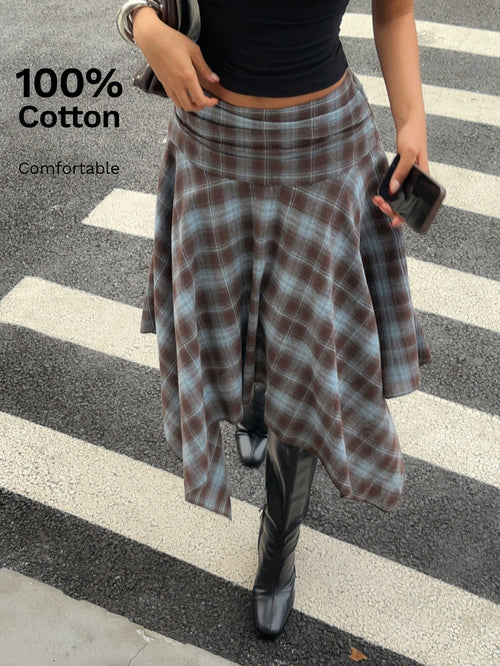Aloruh Women's Retro Blue Plaid Cotton Midi Skirt,Asymmetrical Hem High Low Checkered Skirt,Elegant Winter Date Y2K Style,Perfect For Spring Break