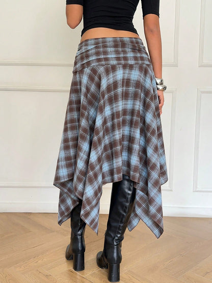 Aloruh Women's Retro Blue Plaid Cotton Midi Skirt,Asymmetrical Hem High Low Checkered Skirt,Elegant Winter Date Y2K Style,Perfect For Spring Break